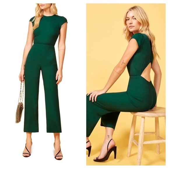 Reformation / Mayer Jumpsuit Forrest green open back cap sleeve 0 - Picture 1 of 11